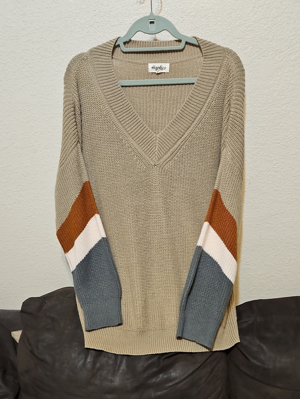 Haptics Taupe V-Neck Sweater with Rust, Pink & Blue Stripe Sleeves